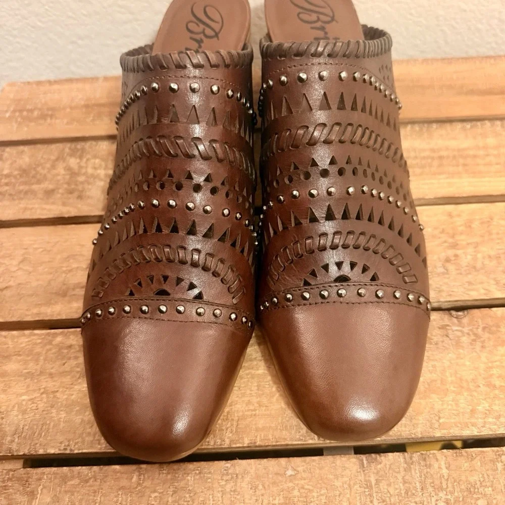 Brighton Manet Leather Shoes Mules Laser Cut Studded Brown Sienna ‎ Size 11 Boho